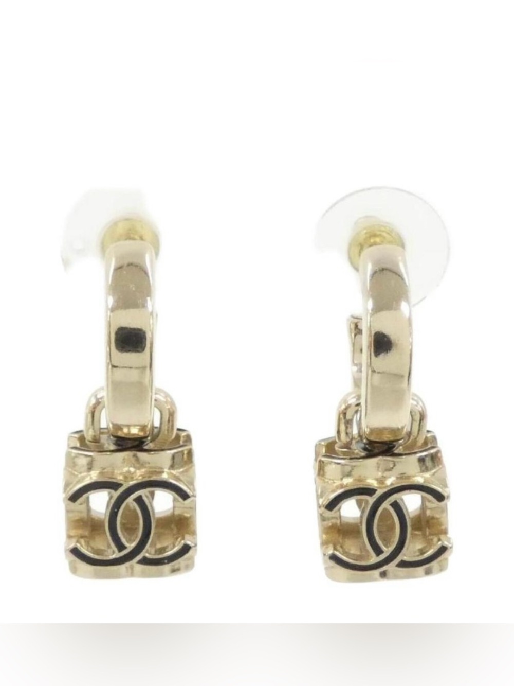 Chanel Gold -Tone Hoop Earrings with Black Enamel CC Logos